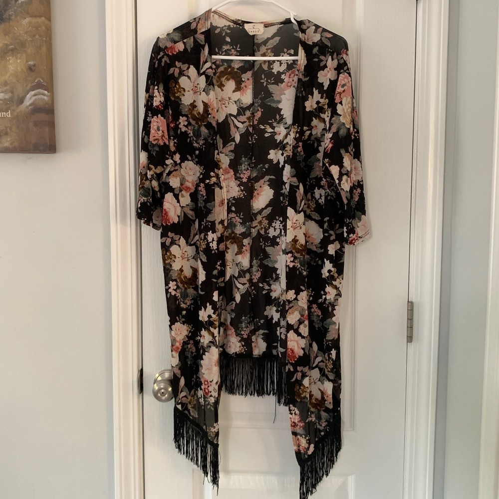 Ember Women Black Floral Sheer Mesh Fringe Kimono Cardigan ST5578 Large